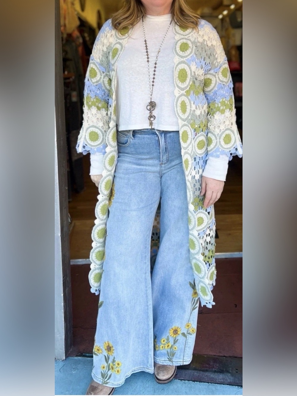 POL Boho Open Front Crochet Duster Sky Blue and Green Crochet Long Sweater OS